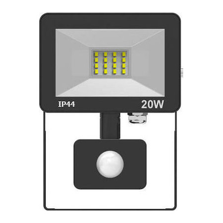 Προβολέας LED SMD Αλουμινίου Slim Στεγανός 20W 1600Lm IP44 4000K με Ανιχνευτή Αισθητήρα Κίνησης Φωτοκύτταρο